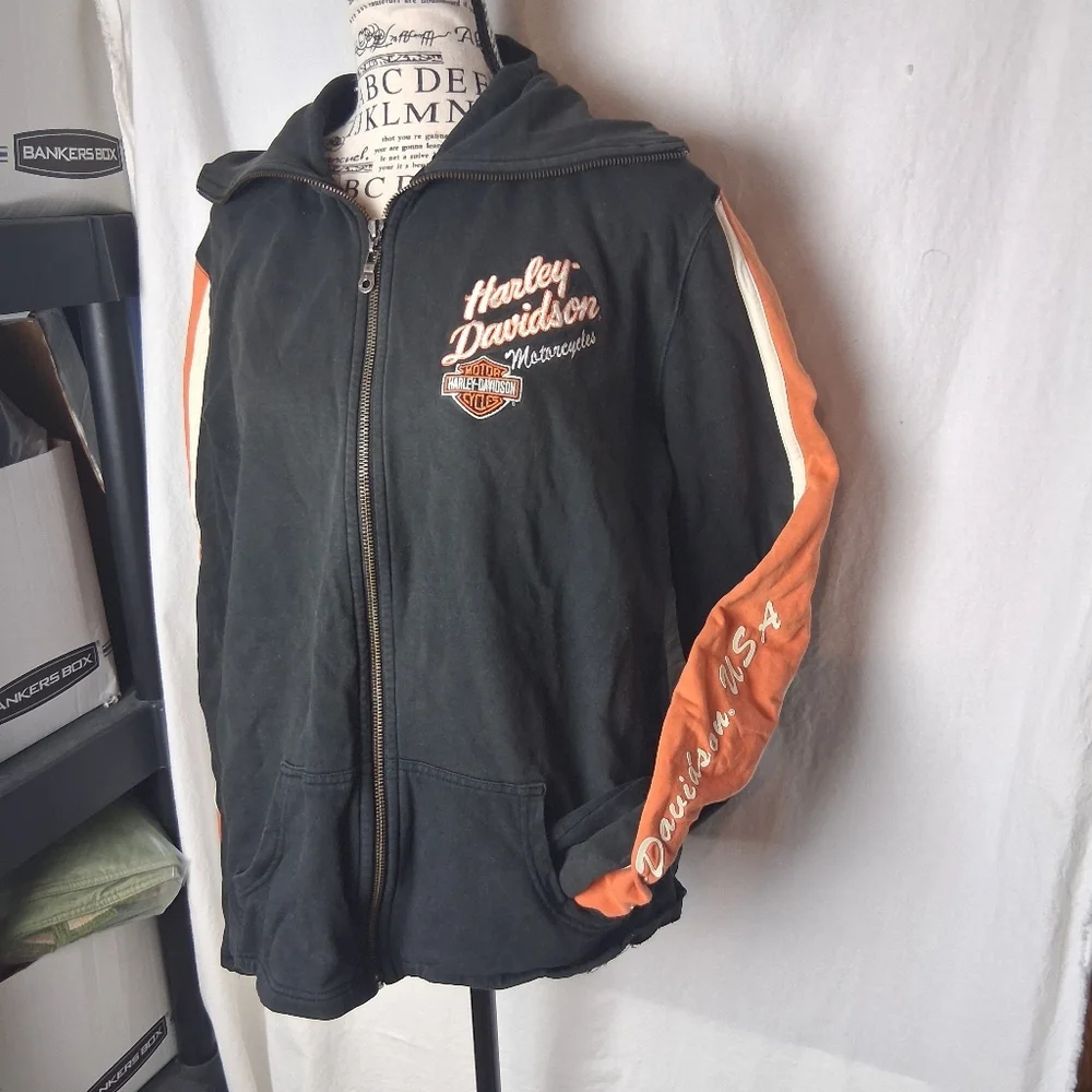 Harley Davidson Black and Orange Zip-Up Jacket XL - Picture 2 of 10
